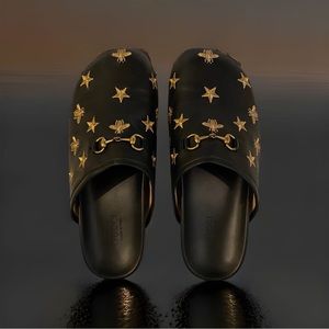 Rare Authentic Gucci Black Star And Bee Leather River Princetown Slippers
